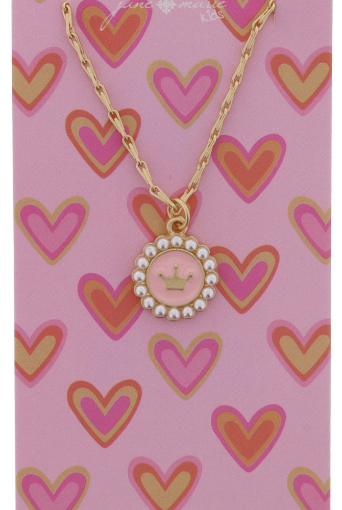 Kids Light Pink Enamel Disc with Gold Crown and Mini Pearl Edge Necklace