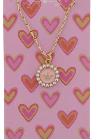 Kids Light Pink Enamel Disc with Gold Crown and Mini Pearl Edge Necklace