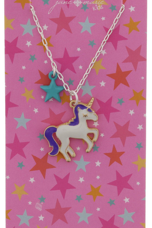 Kids Mini Turquoise Star, White and Purple Enamel Unicorn Necklace