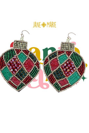 Red, Green, Gold Sequin and Beaded Christmas Ornament Earrings
