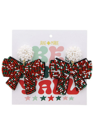 White Beaded Post with Red, Green, White Beaded Bow Earrings