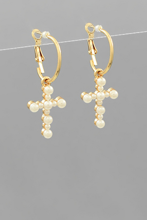 Pearl Dangle Cross Earrings