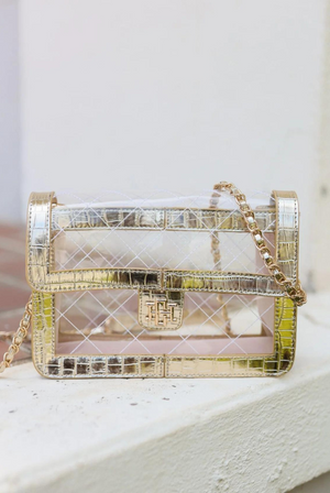Quinn Quilted Clear Crossbody Bag in Gold