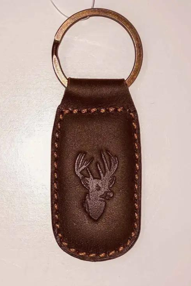 Deer Leather Embossed Keychain in Dark Brown