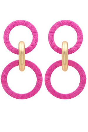 Raffia Double Circle Dangle Earrings in Fuschia