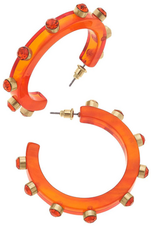 Renee Resin and Rhinestone Hoop Earrings in Orange