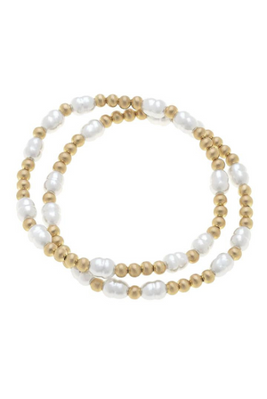 Morgan Ball Bead & Pearl Stretch Bracelets in Satin Gold (Set of 2)