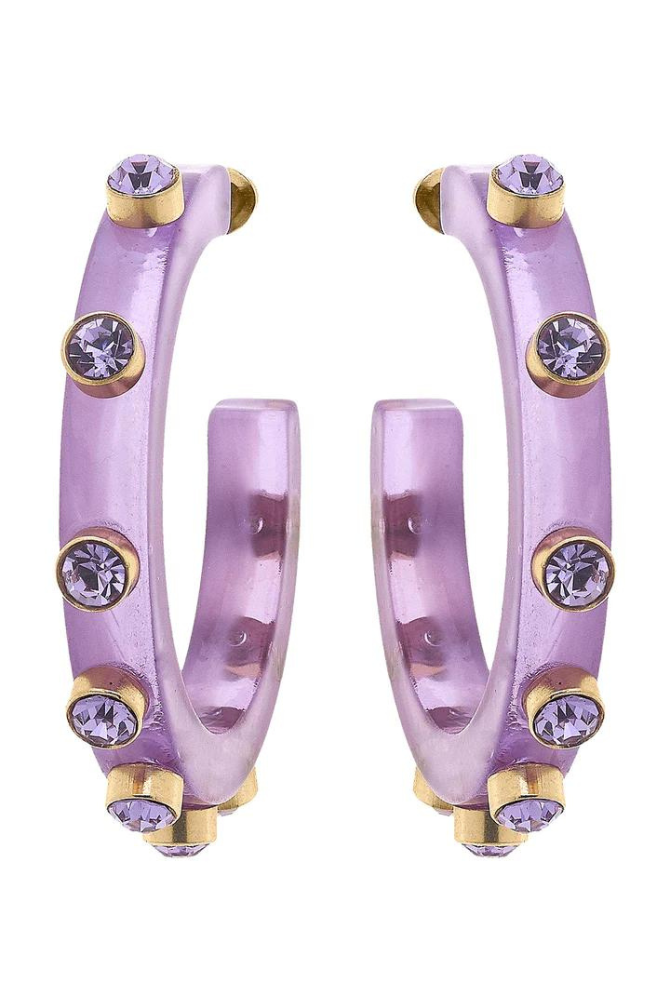 Renee Resin and Rhinestone Hoop Earrings in Lavender