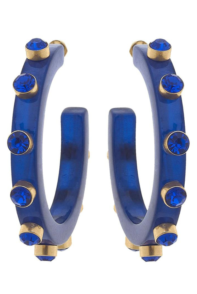 Renee Resin and Rhinestone Hoop Earrings in Blue