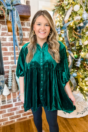 Christmas Joy Velvet Tunic in Green