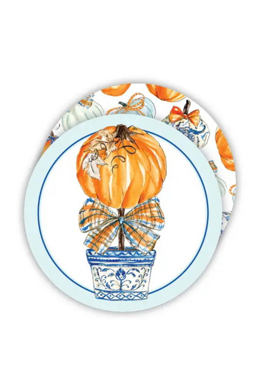 Pumpkin Topiary Orange and Blue Plaid Bow Round Coaster