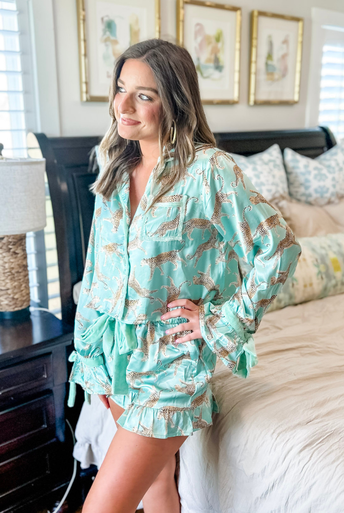 Sage Leopard Satin Ruffle Pajama Short Set