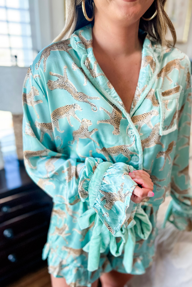 Sage Leopard Satin Ruffle Pajama Short Set