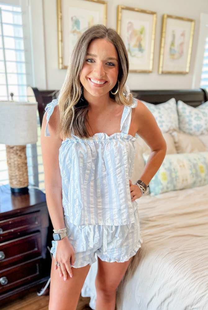 Blue Stripe Tie Top Pajama Set