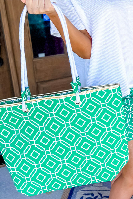 Catalina Tote Bag in Green Geometric Octagon