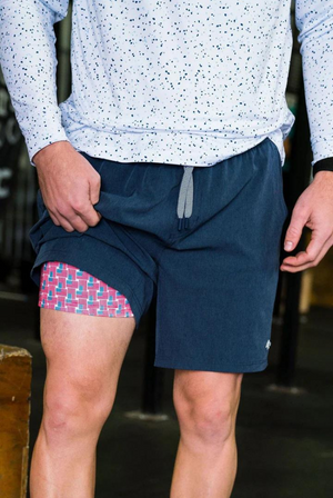 Burlebo Athletic Shorts in Heather Navy with American Flag Liner