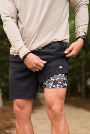 Burlebo Athletic Shorts in Heather Black with Throwback Camo Liner
