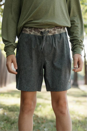 Burlebo Youth Everyday Shorts in Grizzy Grey with Deer Camo Liner