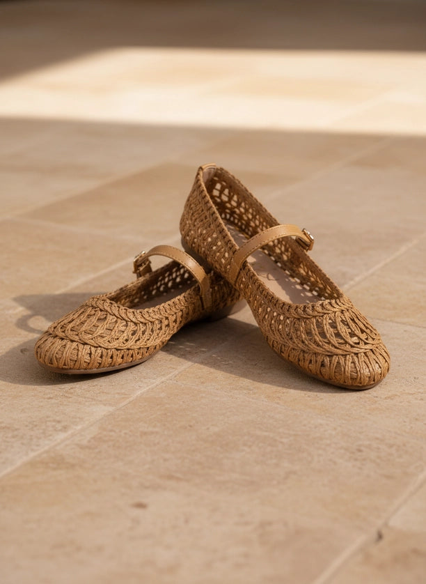 Susan Woven Mary Jane Flat in Camel