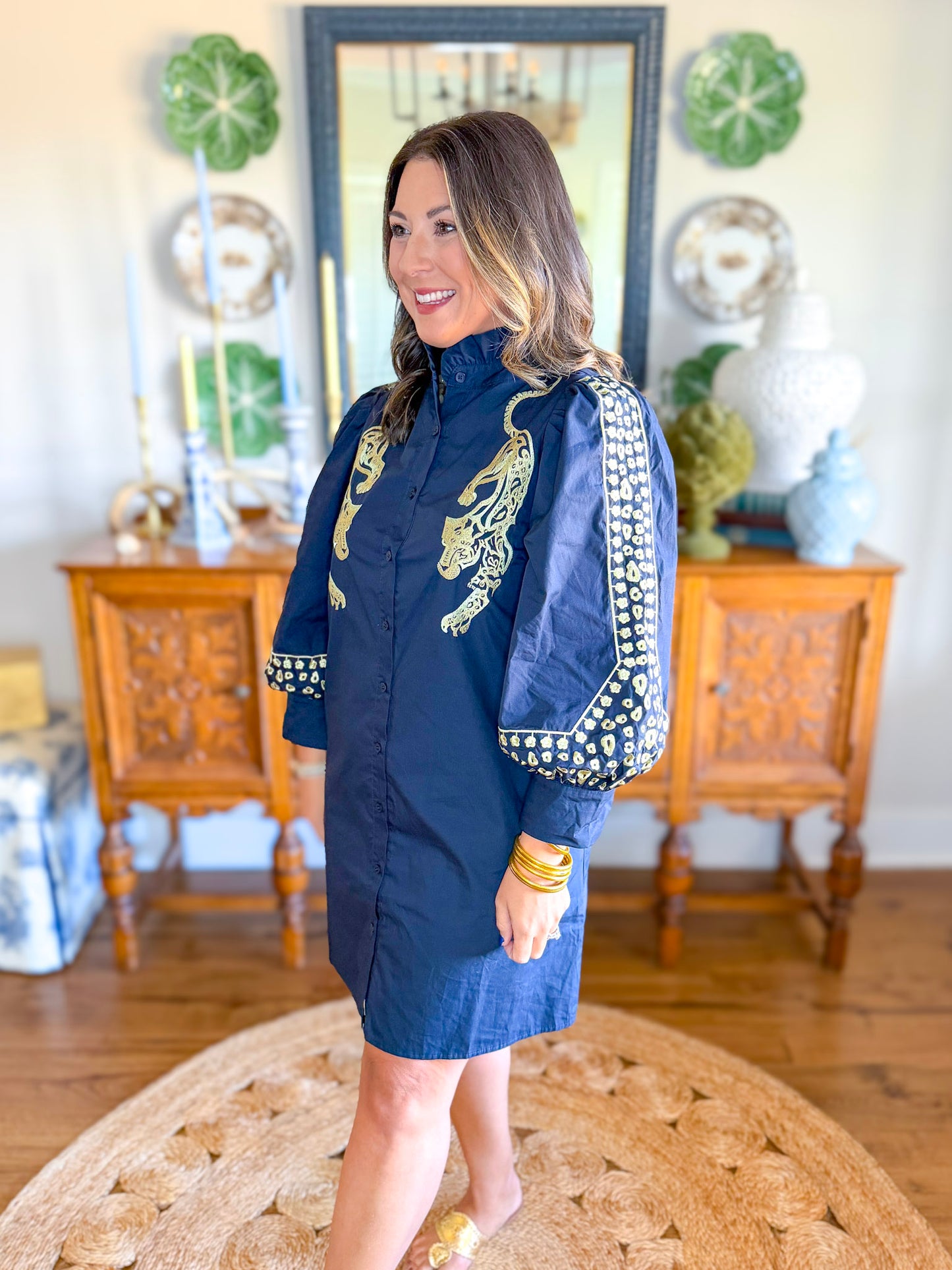 Golden Panther Dress in Navy