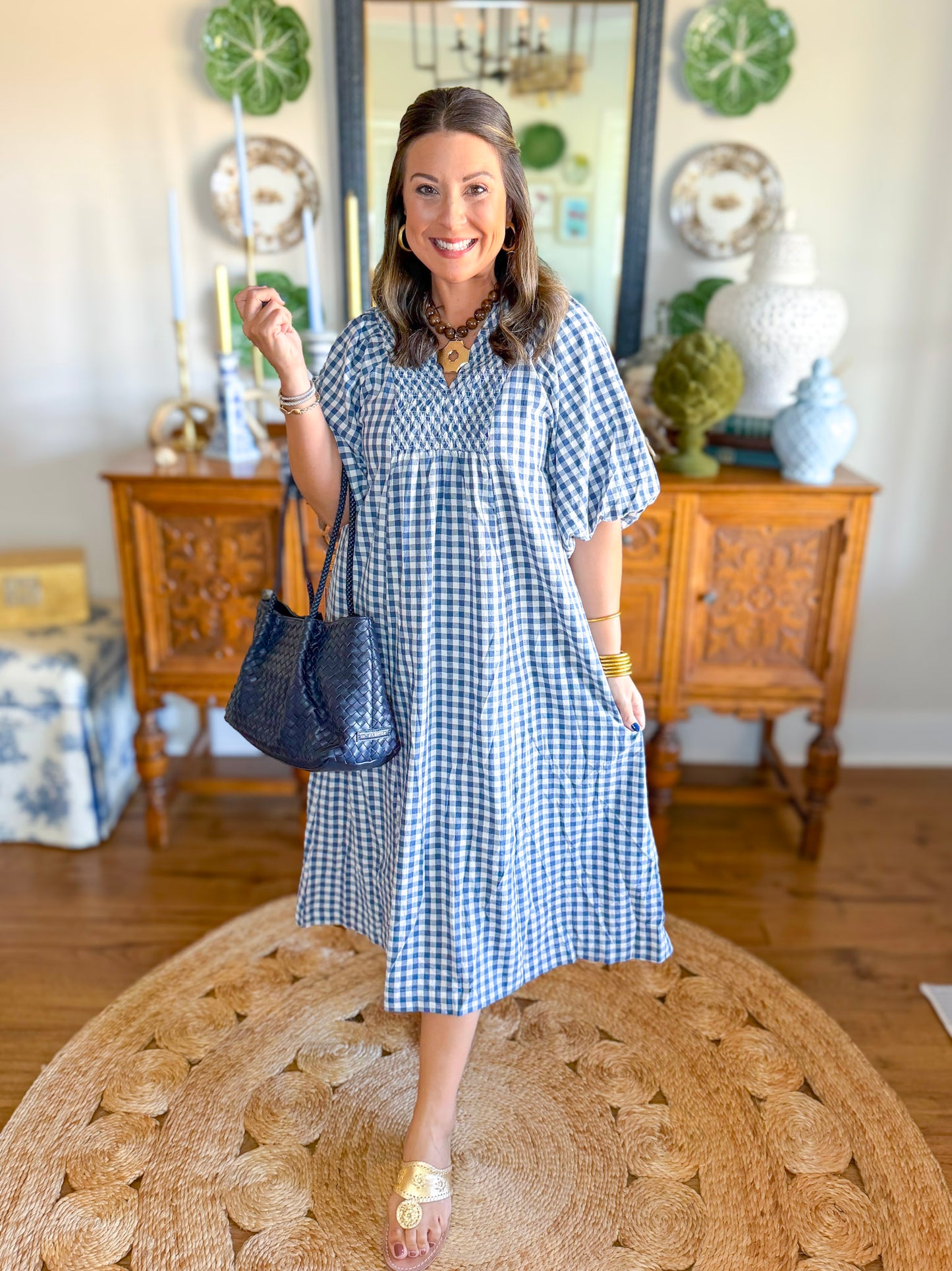 Cottage Gingham Midi Dress in Navy