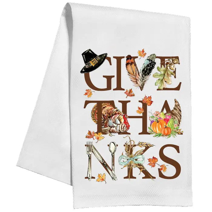 Give Thanks Fall Thanksgiving Icons Kitchen Towel