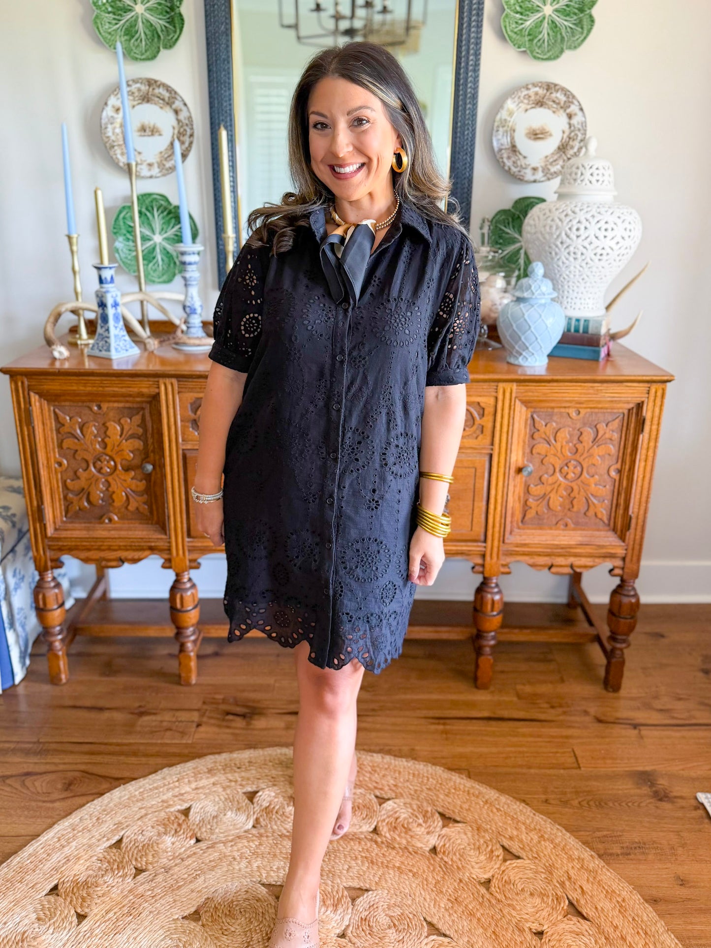 Langley Eyelet Mini Dress in Black