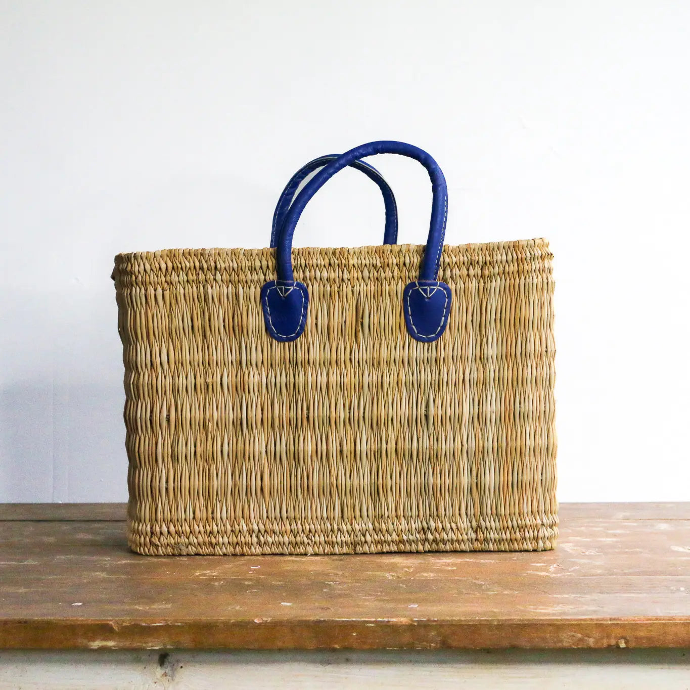 Straw Tote with Blue Handles - Large