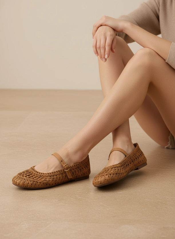 Susan Woven Mary Jane Flat in Camel