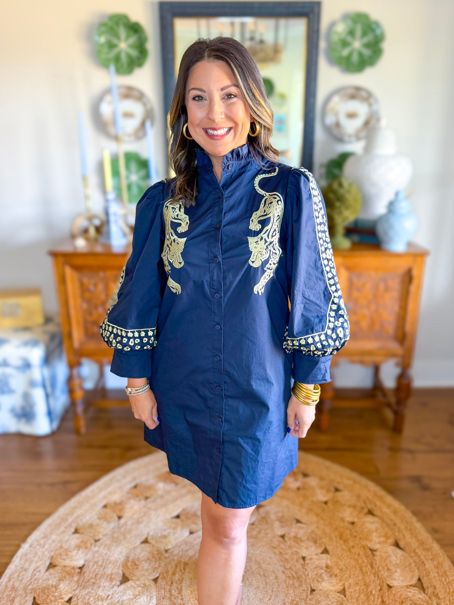 Golden Panther Dress in Navy