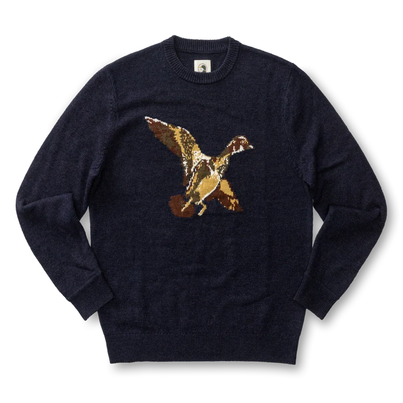 Duck Head | Flying Wood Duck Intarsia Crewneck Sweater in Deep Navy Heather