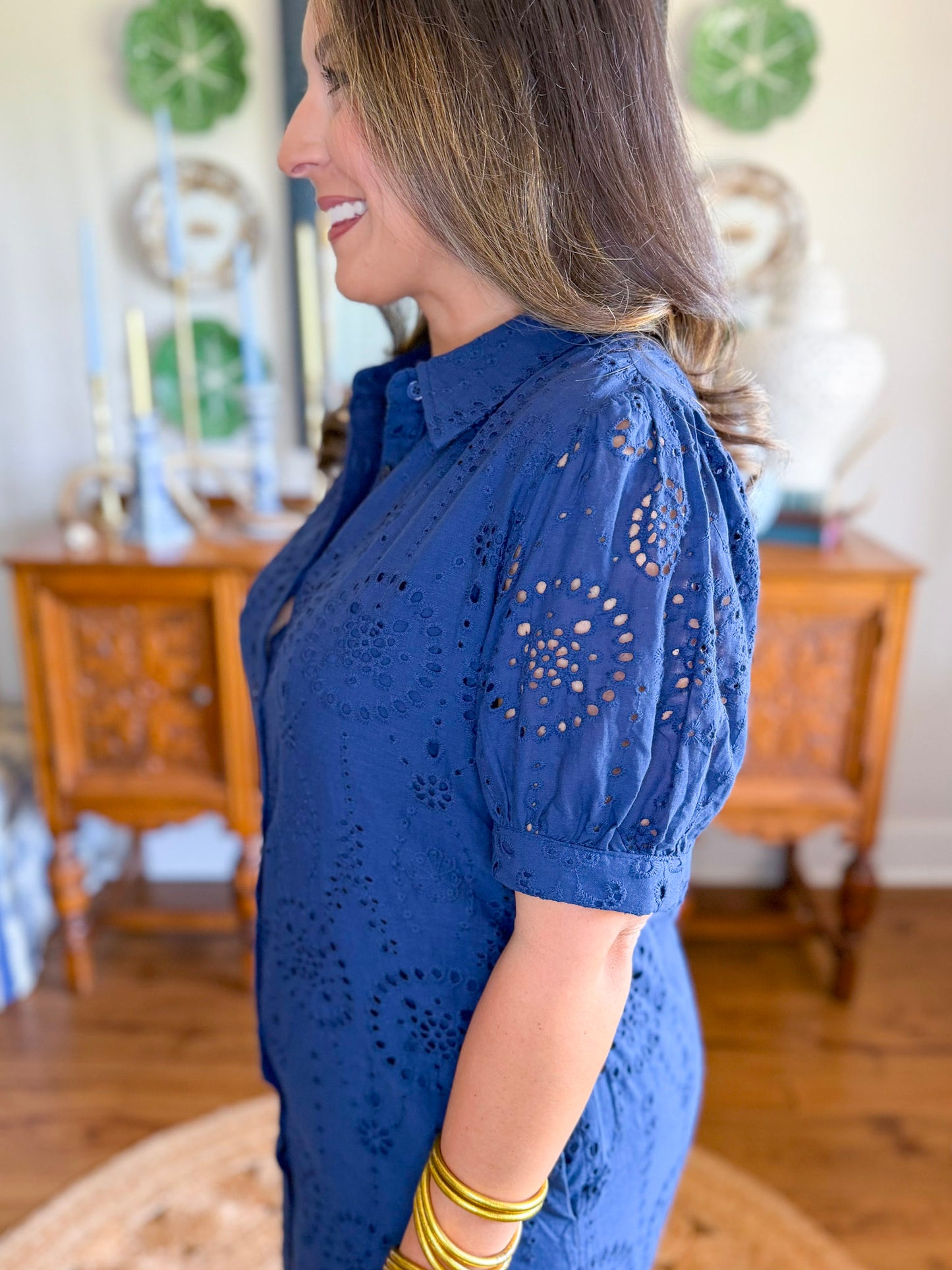 Langley Eyelet Mini Dress in Navy