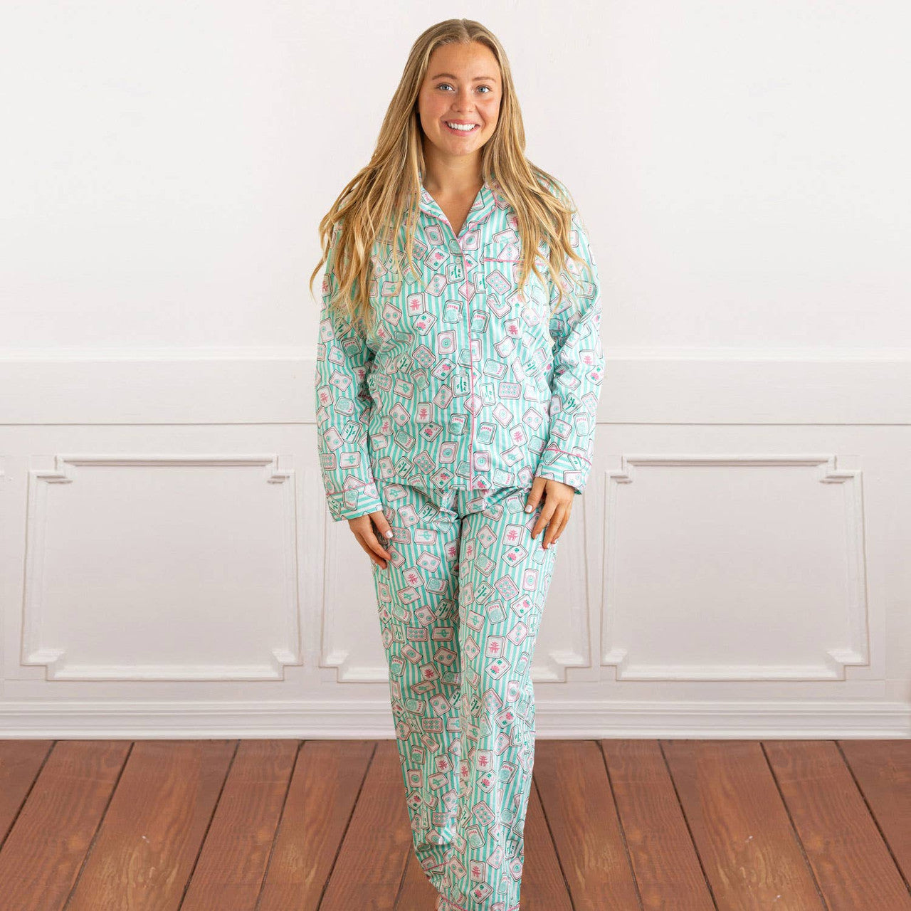 Mahjong Stripe PJ Set with Pants & Long Sleeve Top
