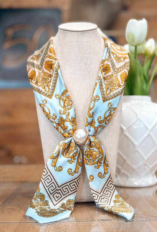 Nora Pearl Scarf Necklace in Blue Paisley