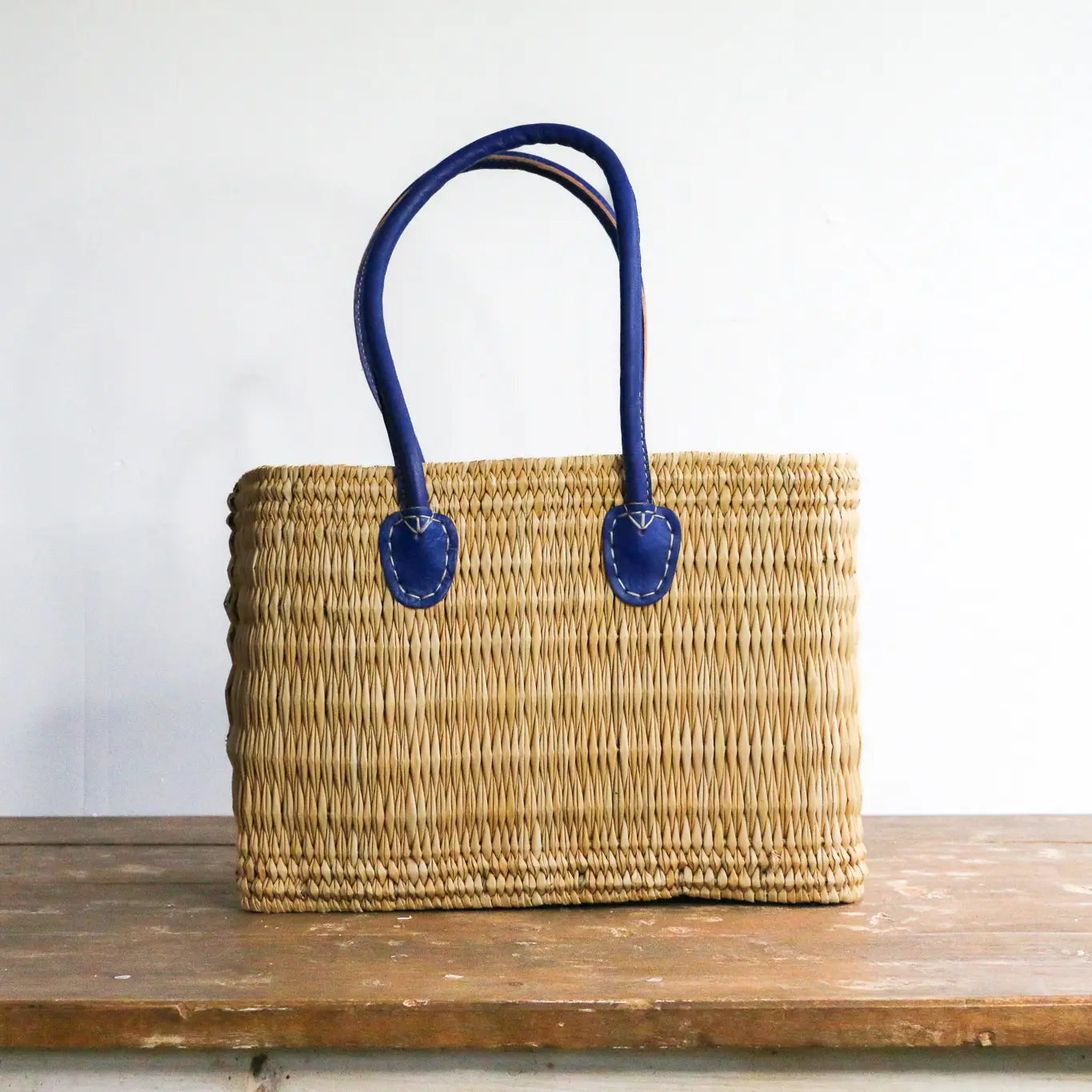 Straw Tote with Blue Handles - Large