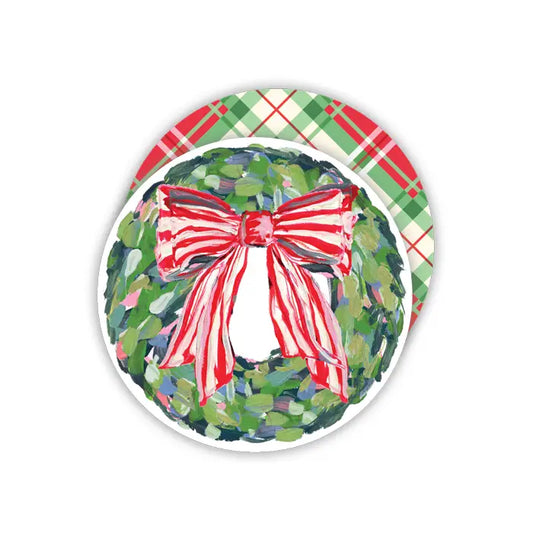 Wreath with Red and White Striped Bow Round Coasters