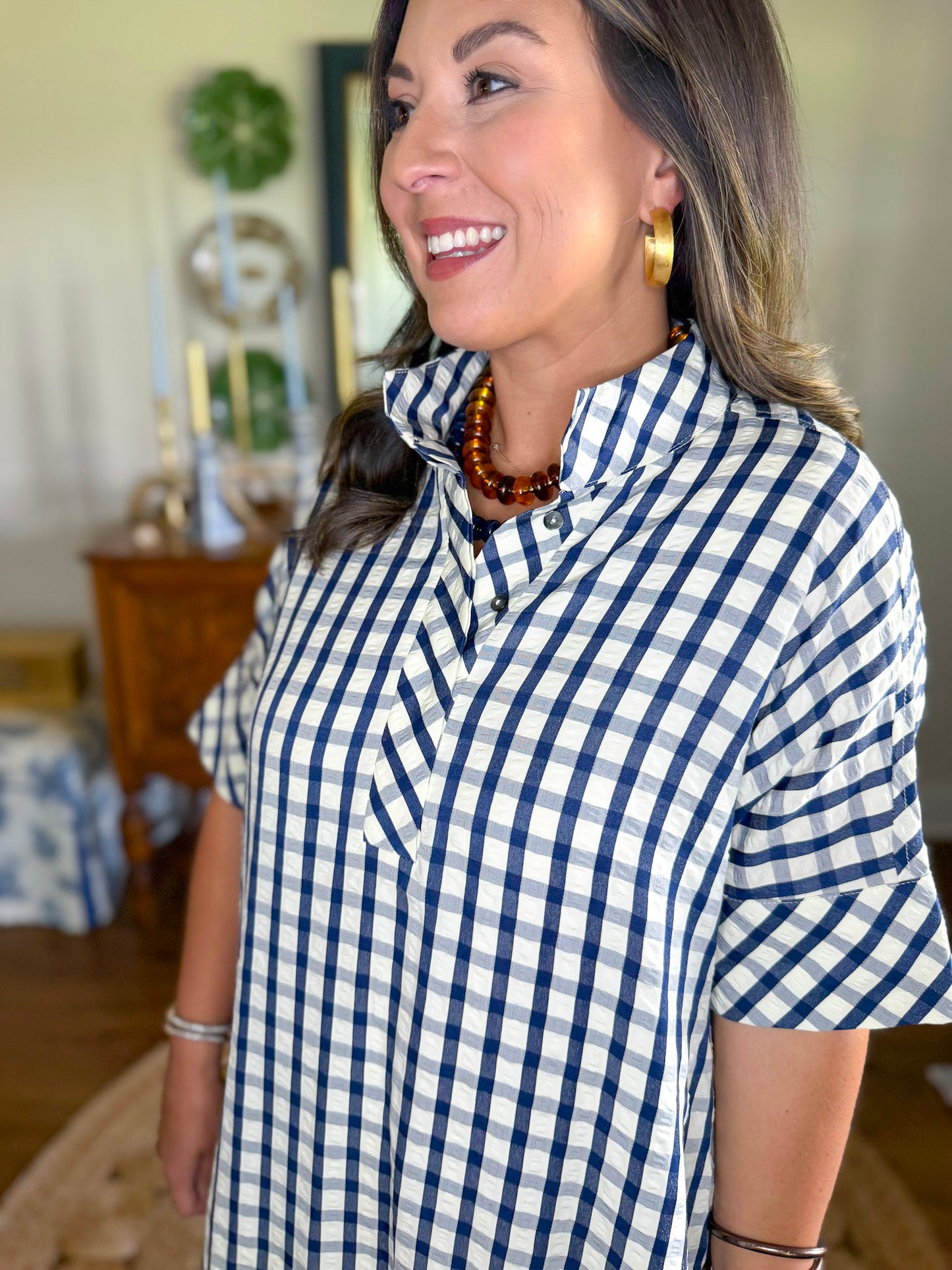 Navy Market Check Dress