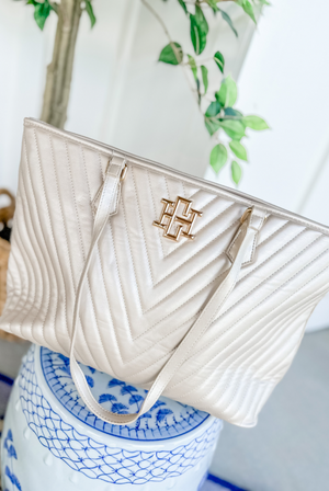 Tabitha Quilted Tote in Metallic Sand