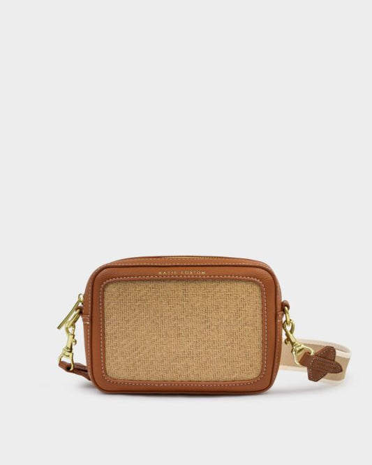 Katie Loxton | Avery Raffia Small Crossbody Bag in Natural Rafia/Cognac