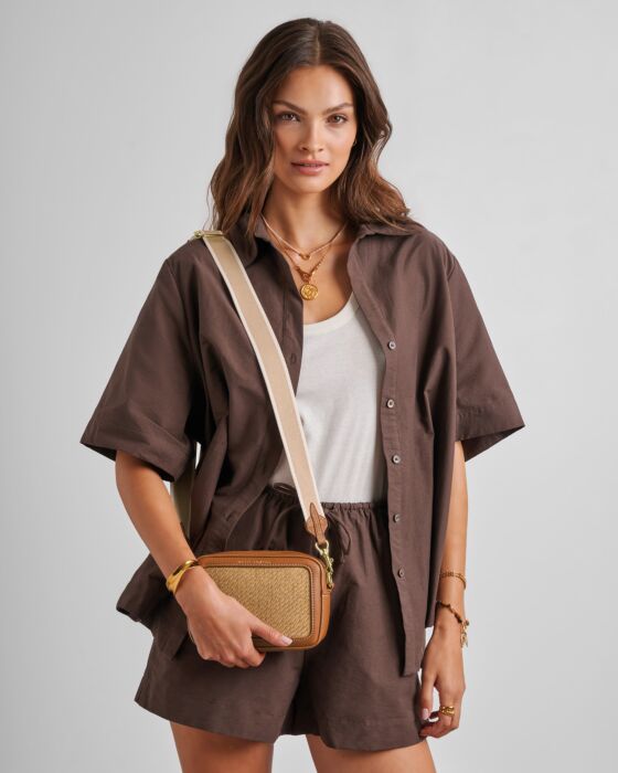 Katie Loxton | Avery Raffia Small Crossbody Bag in Natural Rafia/Cognac