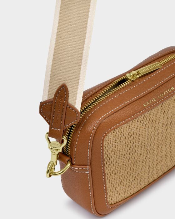 Katie Loxton | Avery Raffia Small Crossbody Bag in Natural Rafia/Cognac