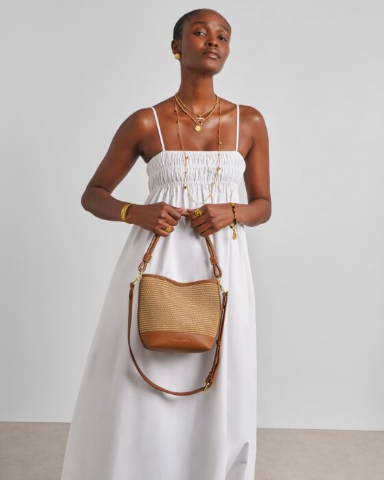 Katie Loxton | Sorrento Striped Raffia Bucket Bag in Natural Raffia/Cognac
