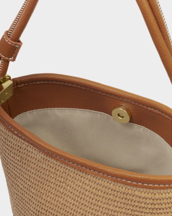 Katie Loxton | Sorrento Striped Raffia Bucket Bag in Natural Raffia/Cognac
