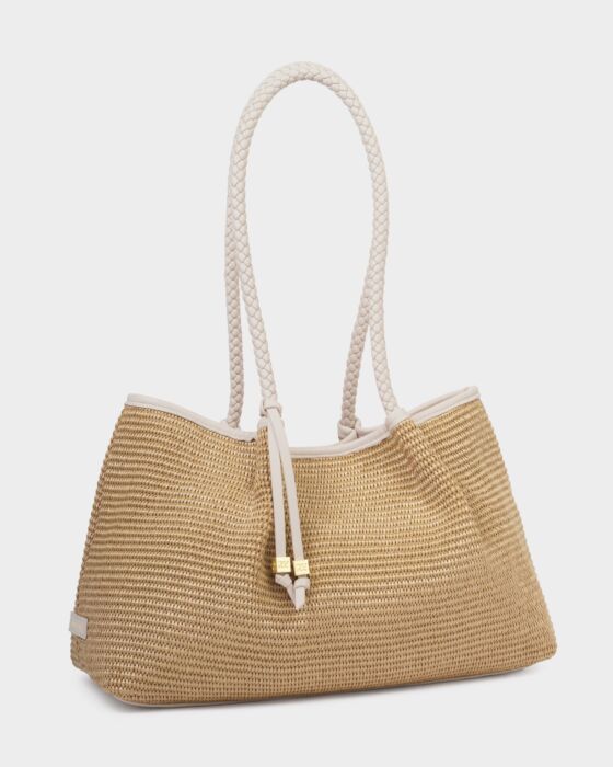 Katie Loxton | Nova Raffia Small Shoulder Tote in Natural Raffia/Oyster
