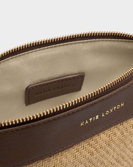 Katie Loxton | Wristlet Raffia Clutch in Natural Raffia/Bitter Chocolate