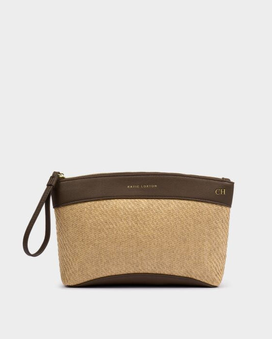Katie Loxton | Wristlet Raffia Clutch in Natural Raffia/Bitter Chocolate