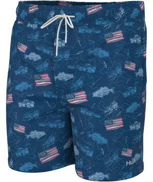 Huk Youth Pursuit Volley Shorts in Fish & Flag Print