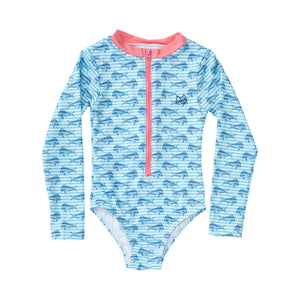 Prodoh Girls Surf and Turf Long Sleeve Swimsuit in Mahi Print